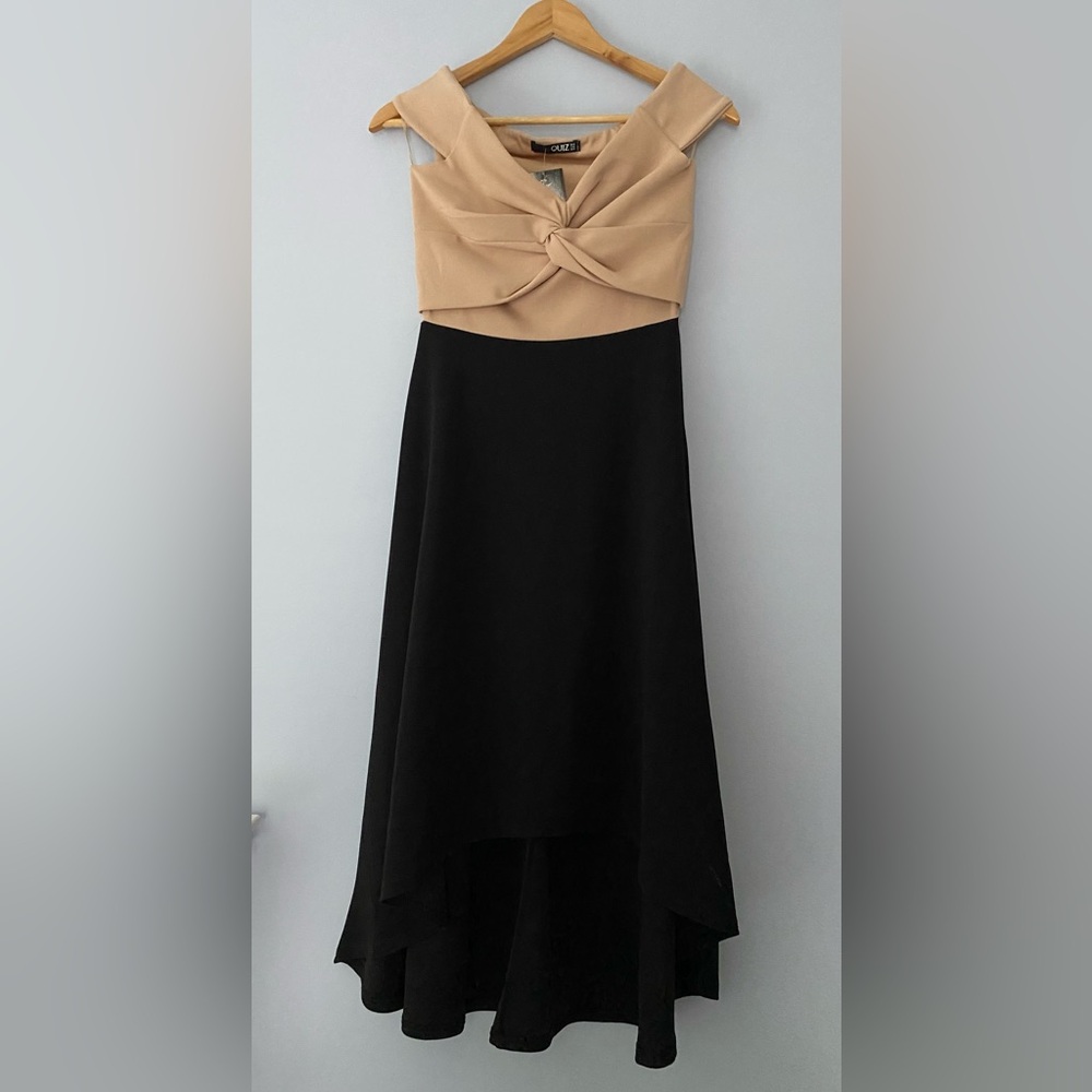 NWT Quiz Black and Tan Tie Front Off the Shoulder High-Low Dress